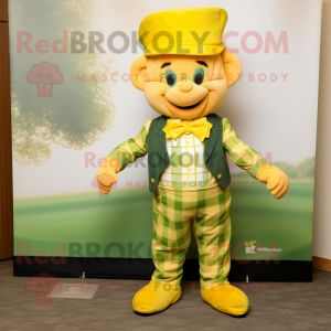 Lemon Yellow Leprechaun mascot costume character dressed with a Flannel Shirt and Bow ties