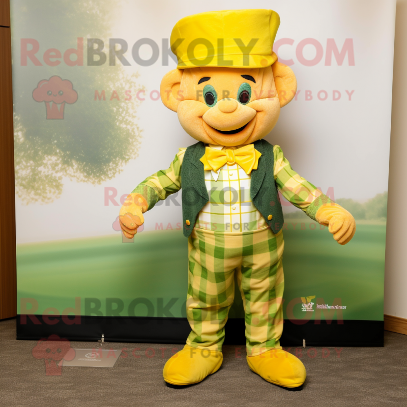 Lemon Yellow Leprechaun mascot costume character dressed with a Flannel Shirt and Bow ties Lemon Yellow Leprechaun mascot costume character dressed with a Flannel Shirt and Bow ties