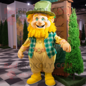 Lemon Yellow Leprechaun mascot costume character dressed with a Flannel Shirt and Bow ties