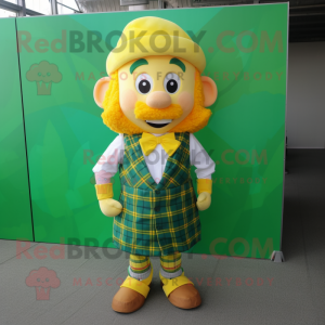Lemon Yellow Leprechaun mascot costume character dressed with a Flannel Shirt and Bow ties