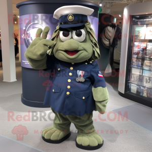 Olive Navy Soldier mascot costume character dressed with a Pleated Skirt and Brooches