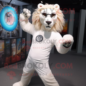 White Lion mascot costume character dressed with a Yoga Pants and Eyeglasses