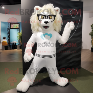 White Lion mascot costume character dressed with a Yoga Pants and Eyeglasses