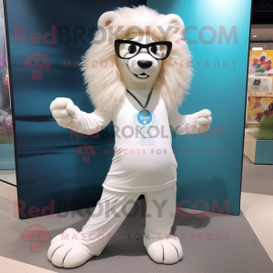 White Lion mascot costume character dressed with a Yoga Pants and Eyeglasses