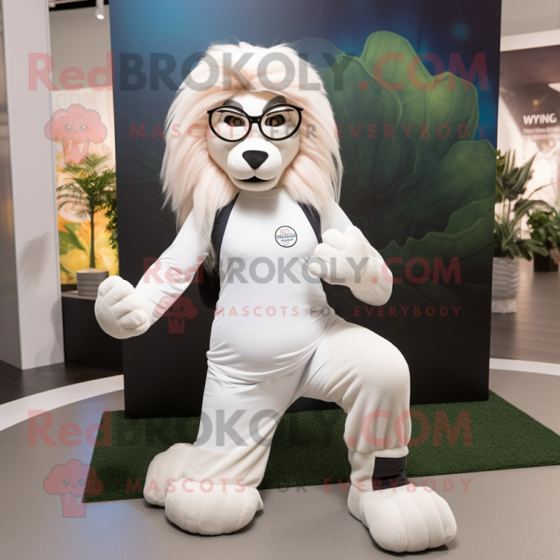 White Lion mascot costume character dressed with a Yoga Pants and Eyeglasses White Lion mascot costume character dressed with a Yoga Pants and Eyeglasses