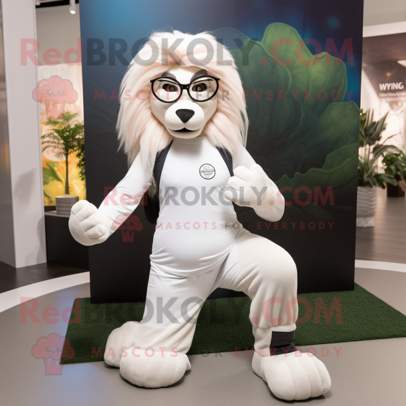 White Lion mascot costume character dressed with a Yoga Pants and Eyeglasses