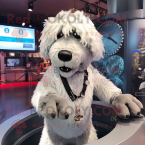 Silver Dog mascot costume character dressed with a T-Shirt and Bracelet watches