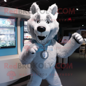 Silver Dog mascot costume character dressed with a T-Shirt and Bracelet watches