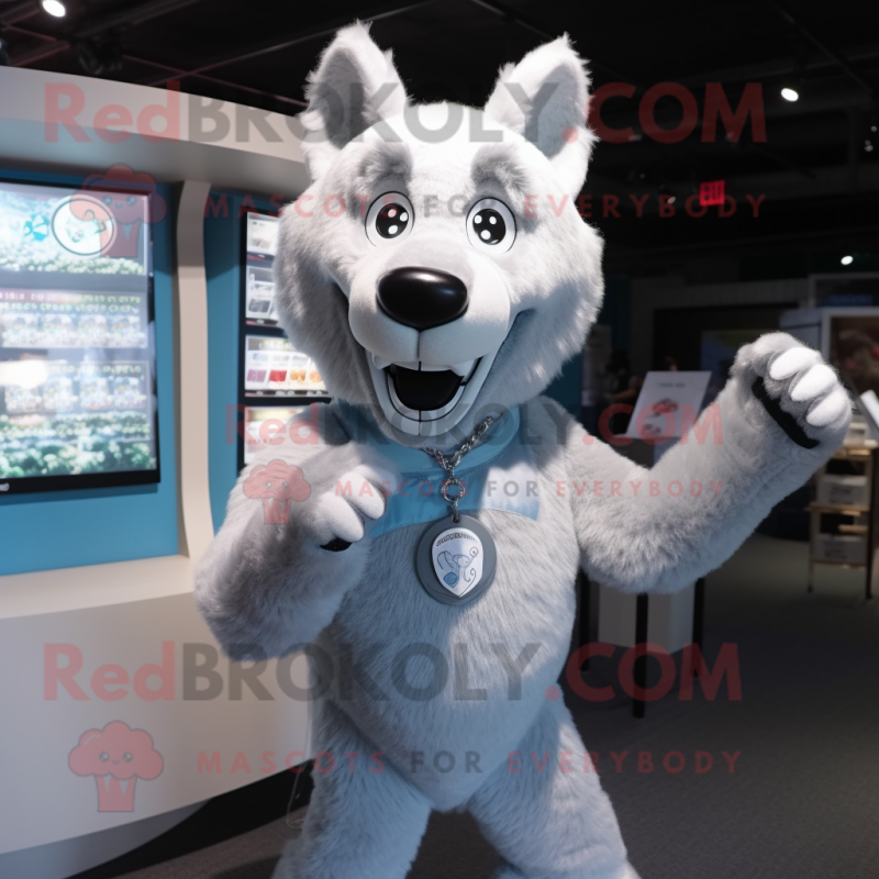 Silver Dog mascot costume character dressed with a T-Shirt and Bracelet watches Silver Dog mascot costume character dressed with a T-Shirt and Bracelet watches