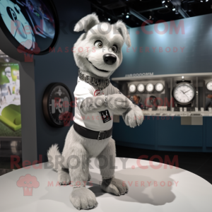 Silver Dog mascot costume character dressed with a T-Shirt and Bracelet watches