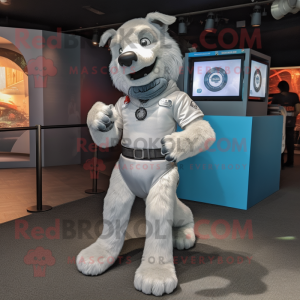 Silver Dog mascot costume character dressed with a T-Shirt and Bracelet watches