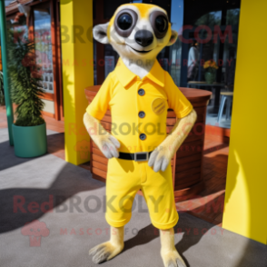 Lemon Yellow Meerkat mascot costume character dressed with a Playsuit and Cufflinks