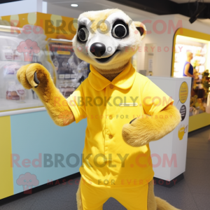 Lemon Yellow Meerkat mascot costume character dressed with a Playsuit and Cufflinks