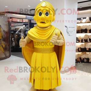 Yellow Roman Soldier mascot costume character dressed with a Midi Dress and Shawl pins