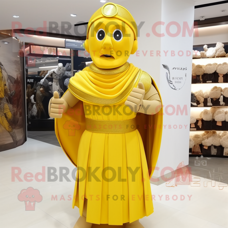 Yellow Roman Soldier mascot costume character dressed with a Midi Dress and Shawl pins