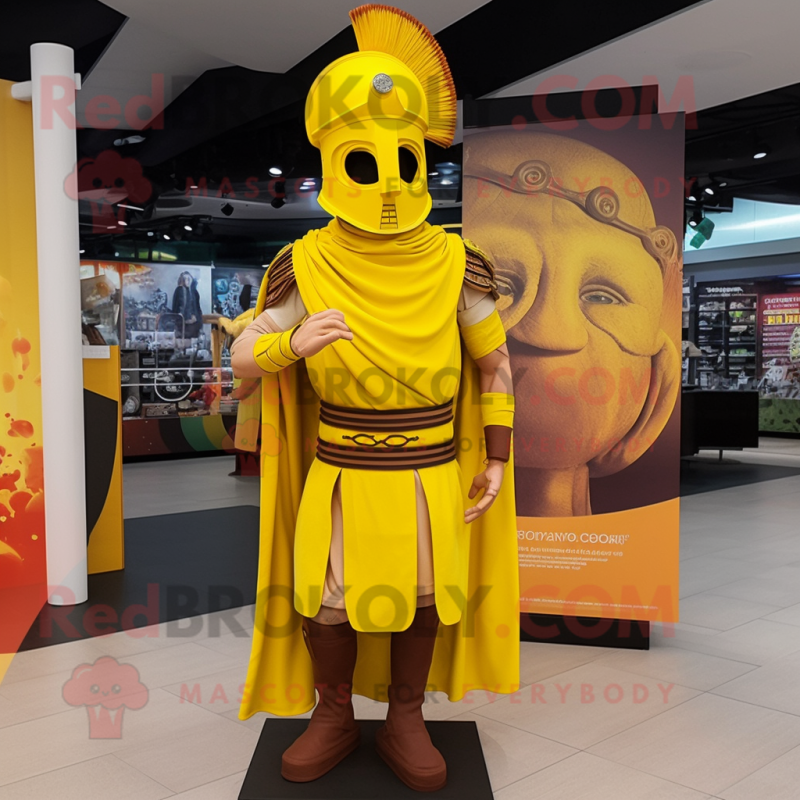 Yellow Roman Soldier mascot costume character dressed with a Midi Dress and Shawl pins