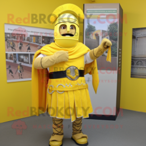 Yellow Roman Soldier mascot costume character dressed with a Midi Dress and Shawl pins