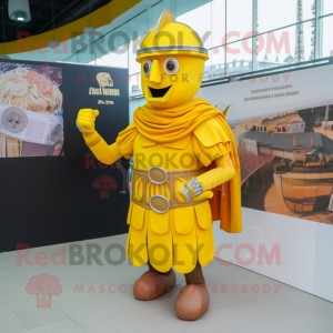 Yellow Roman Soldier mascot costume character dressed with a Midi Dress and Shawl pins