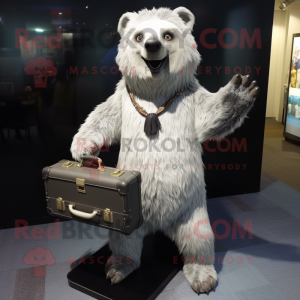 Silver Sloth Bear mascot costume character dressed with a A-Line Dress and Briefcases