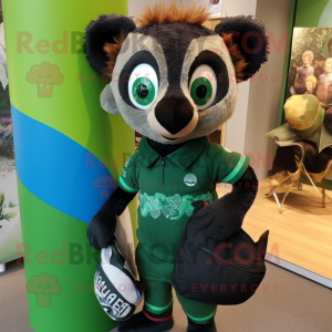 Forest Green Lemur mascot costume character dressed with a Rugby Shirt and Tote bags