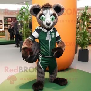 Forest Green Lemur mascot costume character dressed with a Rugby Shirt and Tote bags