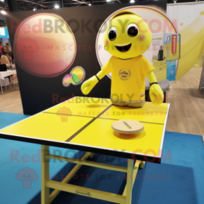 Lemon Yellow Ping Pong Table mascot costume character dressed with a Cargo Pants and Watches
