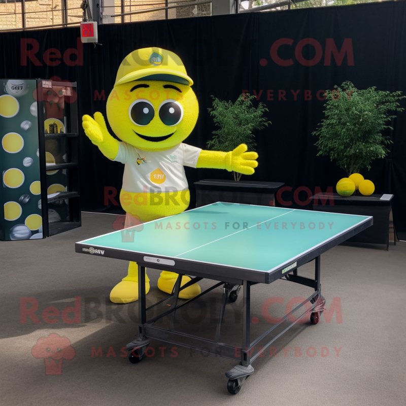 Lemon Yellow Ping Pong Table mascot costume character dressed with a Cargo Pants and Watches Lemon Yellow Ping Pong Table mascot costume character dressed with a Cargo Pants and Watches