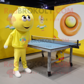 Lemon Yellow Ping Pong Table mascot costume character dressed with a Cargo Pants and Watches