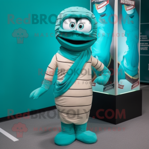 Teal Mummy mascot costume character dressed with a Polo Shirt and Bow ties