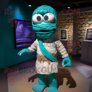 Teal Mummy mascot costume character dressed with a Polo Shirt and Bow ties