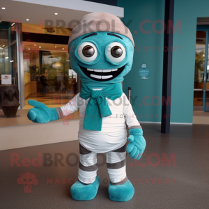 Teal Mummy mascot costume character dressed with a Polo Shirt and Bow ties