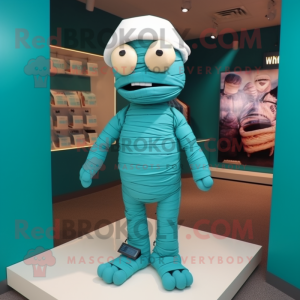 Teal Mummy mascot costume character dressed with a Polo Shirt and Bow ties