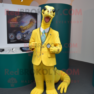 Yellow Loch Ness Monster mascot costume character dressed with a Suit Jacket and Necklaces