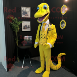 Yellow Loch Ness Monster mascot costume character dressed with a Suit Jacket and Necklaces