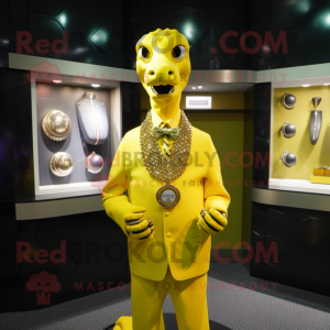 Yellow Loch Ness Monster mascot costume character dressed with a Suit Jacket and Necklaces