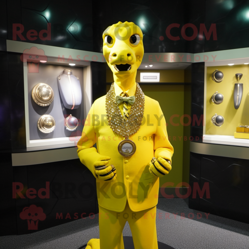 Yellow Loch Ness Monster mascot costume character dressed with a Suit Jacket and Necklaces Yellow Loch Ness Monster mascot costume character dressed with a Suit Jacket and Necklaces