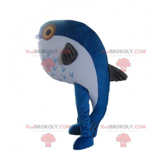 Mascotte pesce azzurro e bianco, costume da mare -