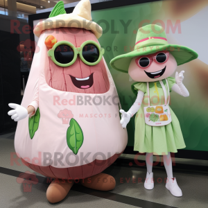 Peach Corned Beef And Cabbage mascot costume character dressed with a A-Line Skirt and Sunglasses