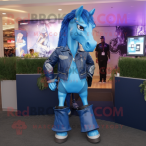 Blue Horse mascot costume character dressed with a Moto Jacket and Necklaces