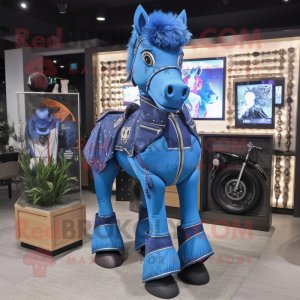 Blue Horse mascot costume character dressed with a Moto Jacket and Necklaces
