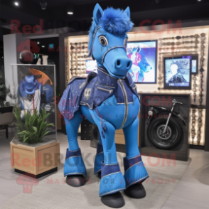 Blue Horse mascot costume character dressed with a Moto Jacket and Necklaces