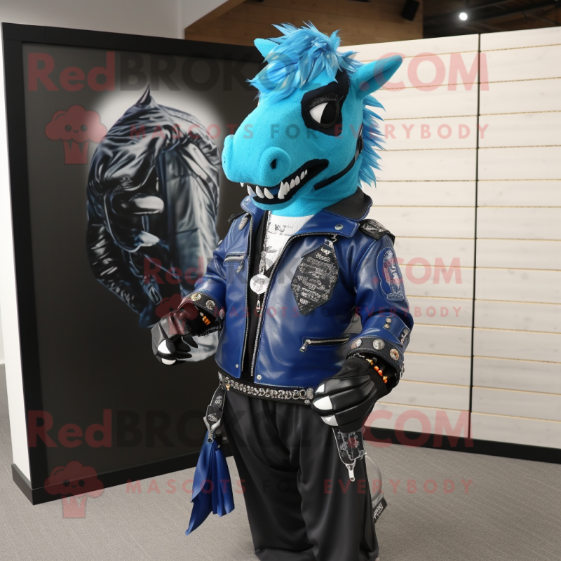 Blue Horse mascot costume character dressed with a Moto Jacket and Necklaces Blue Horse mascot costume character dressed with a Moto Jacket and Necklaces