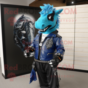 Blue Horse mascot costume character dressed with a Moto Jacket and Necklaces