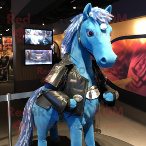 Blue Horse mascot costume character dressed with a Moto Jacket and Necklaces