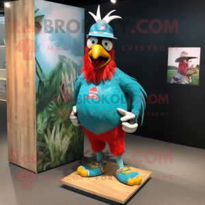Teal Rooster mascot costume character dressed with a Board Shorts and Earrings