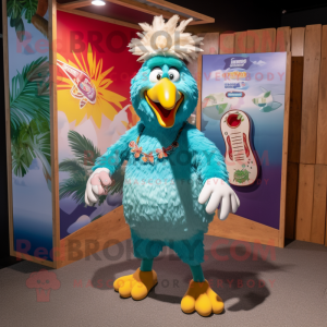 Teal Rooster mascot costume character dressed with a Board Shorts and Earrings
