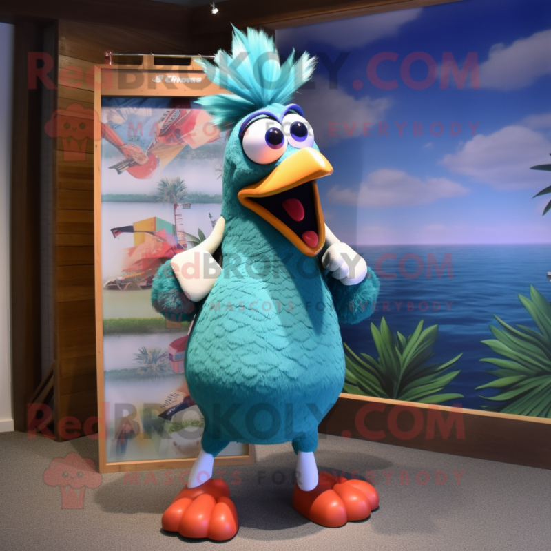 Teal Rooster mascot costume character dressed with a Board Shorts and Earrings