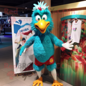 Teal Rooster mascot costume character dressed with a Board Shorts and Earrings