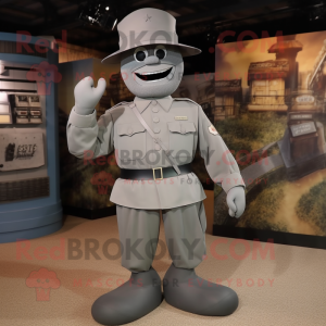 Gray Soldier mascot costume character dressed with a A-Line Dress and Hats