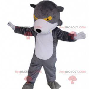 Gray and white wolf mascot with yellow eyes, wolf costume -